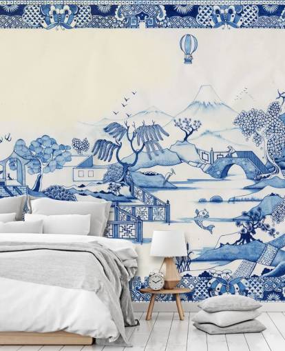 carta da parati con paesaggio orientale blu e bianco