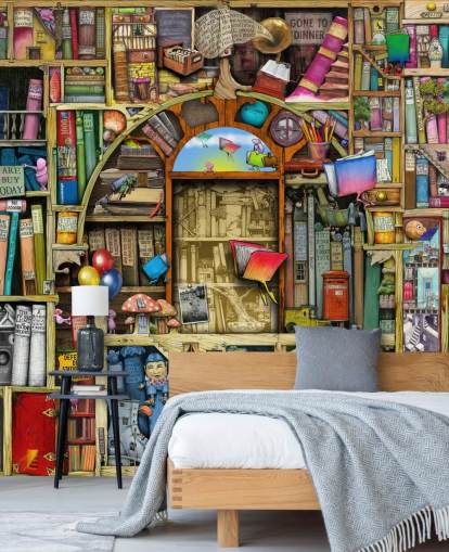 colourful custom drawn book wallpaper mural called Neverending Stories by Colin Thompson for child's bedroom or library