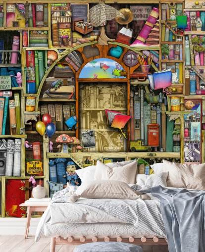 colorful custom drawn book wallpaper mural called Neverending Stories by Colin Thompson for child's bedroom or library