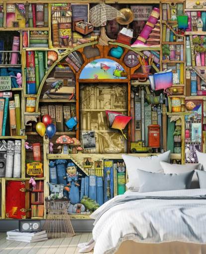 colorido mural de papel pintado de libros dibujado a medida llamado Neverending Stories de Colin Thompson para el dormitorio de un niño o la biblioteca