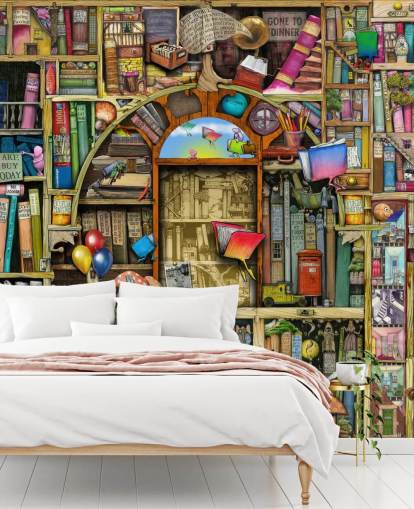colorful custom drawn book wallpaper mural called Neverending Stories by Colin Thompson for child's bedroom or library