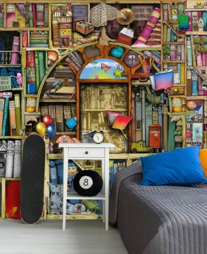 colourful custom drawn book wallpaper mural called Neverending Stories by Colin Thompson for child's bedroom or library