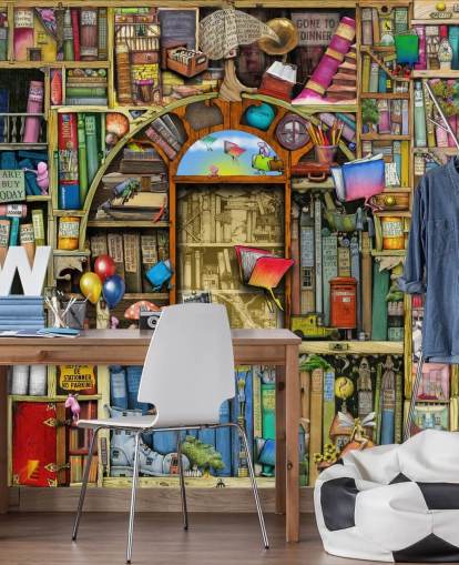 colourful custom drawn book wallpaper mural called Neverending Stories by Colin Thompson for child's bedroom or library