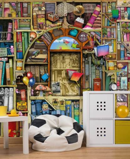 colourful custom drawn book wallpaper mural called Neverending Stories by Colin Thompson for child's bedroom or library colourful custom drawn book wallpaper mural called Neverending Stories by Colin Thompson for child's bedroom or library