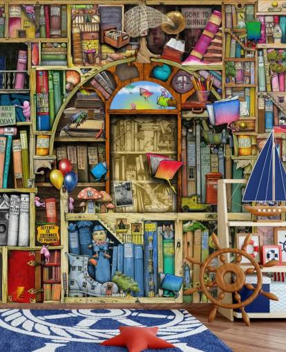 farverigt specialtegnet bogtapet vægmaleri kaldet Neverending Stories af Colin Thompson til barnets soveværelse eller bibliotek farverigt specialtegnet bogtapet vægmaleri kaldet Neverending Stories af Colin Thompson til barnets soveværelse eller bibliotek