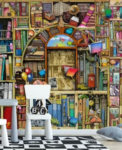 colourful custom drawn book wallpaper mural called Neverending Stories by Colin Thompson for child's bedroom or library