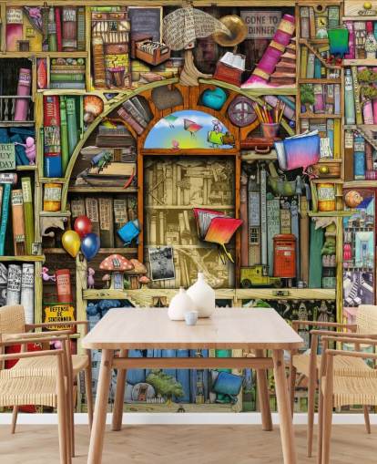 mural colorido de papel de parede de livro desenhado personalizado chamado Neverending Stories, de Colin Thompson, para o quarto ou biblioteca da criança