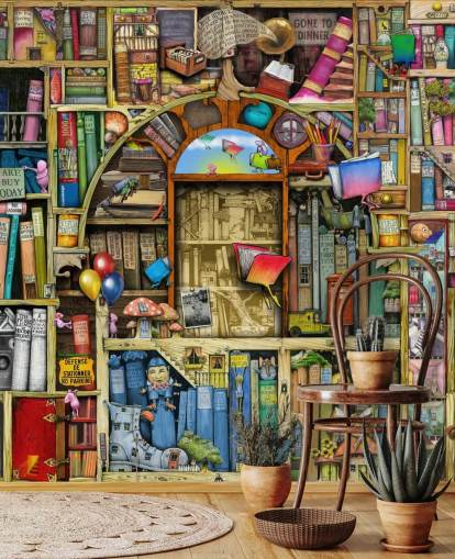 colorful custom drawn book wallpaper mural called Neverending Stories by Colin Thompson for child's bedroom or library