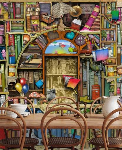 colorful custom drawn book wallpaper mural called Neverending Stories by Colin Thompson for child's bedroom or library