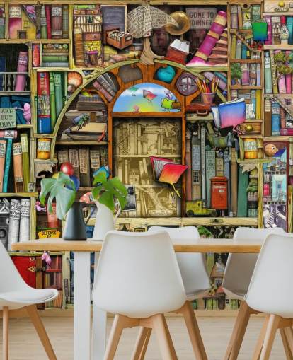 färgglad specialritad bok tapetväggmålning som heter Neverending Stories av Colin Thompson för barnets sovrum eller bibliotek