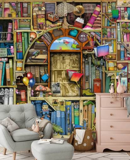 kleurrijke op maat getekende boekbehangmuurschildering genaamd Neverending Stories van Colin Thompson voor kinderkamer of bibliotheek