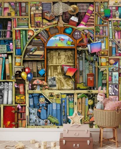 carta da parati murale colorata con libro disegnato su misura chiamato Neverending Stories di Colin Thompson per la camera da letto o la biblioteca dei bambini