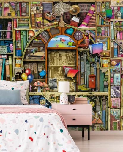 carta da parati murale colorata con libro disegnato su misura chiamato Neverending Stories di Colin Thompson per la camera da letto o la biblioteca dei bambini