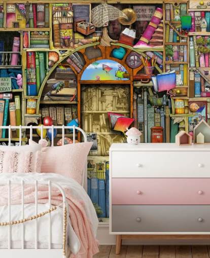 colourful custom drawn book wallpaper mural called Neverending Stories by Colin Thompson for child's bedroom or library