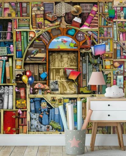 mural colorido de papel de parede de livro desenhado personalizado chamado Neverending Stories, de Colin Thompson, para o quarto ou biblioteca da criança