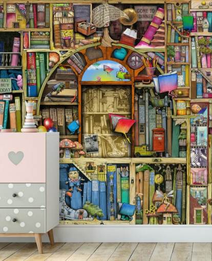 fargerikt spesialtegnet boktapet veggmaleri kalt Neverending Stories av Colin Thompson for barnas soverom eller bibliotek fargerikt spesialtegnet boktapet veggmaleri kalt Neverending Stories av Colin Thompson for barnas soverom eller bibliotek