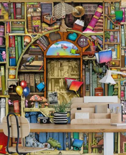 colourful custom drawn book wallpaper mural called Neverending Stories by Colin Thompson for child's bedroom or library