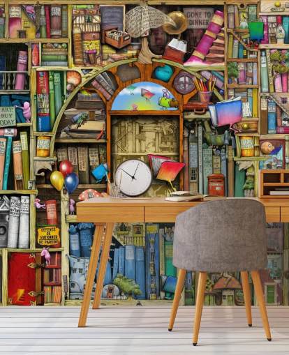 colorido mural de papel pintado de libros dibujado a medida llamado Neverending Stories de Colin Thompson para el dormitorio de un niño o la biblioteca