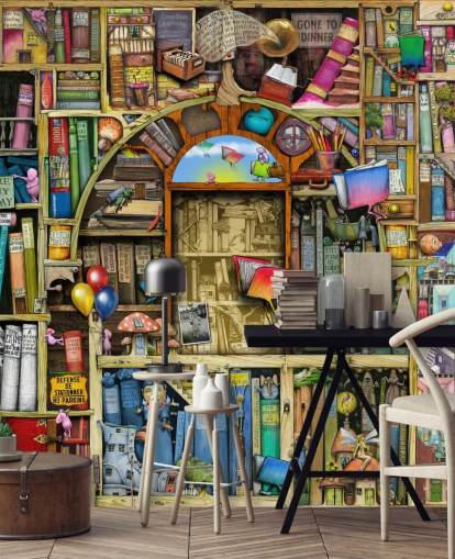 colourful custom drawn book wallpaper mural called Neverending Stories by Colin Thompson for child's bedroom or library