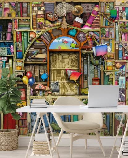 kleurrijke op maat getekende boekbehangmuurschildering genaamd Neverending Stories van Colin Thompson voor kinderkamer of bibliotheek