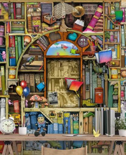 colorido mural de papel pintado de libros dibujado a medida llamado Neverending Stories de Colin Thompson para el dormitorio de un niño o la biblioteca