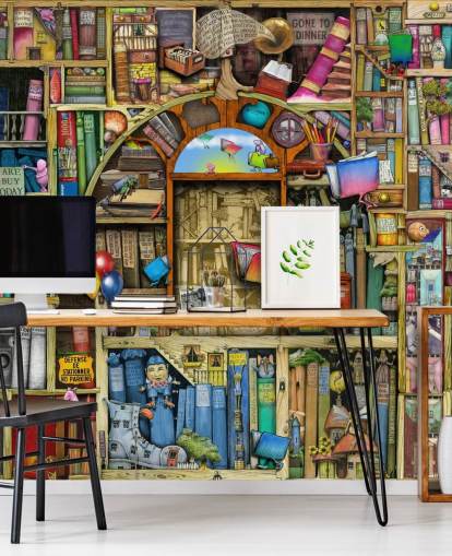 colorful custom drawn book wallpaper mural called Neverending Stories by Colin Thompson for child's bedroom or library
