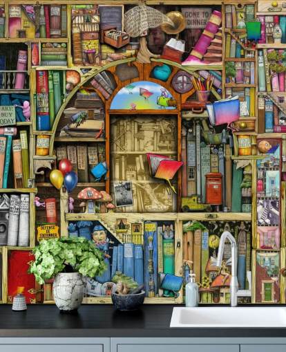 färgglad specialritad bok tapetväggmålning som heter Neverending Stories av Colin Thompson för barnets sovrum eller bibliotek färgglad specialritad bok tapetväggmålning som heter Neverending Stories av Colin Thompson för barnets sovrum eller bibliotek