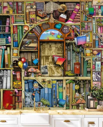 colorful custom drawn book wallpaper mural called Neverending Stories by Colin Thompson for child's bedroom or library