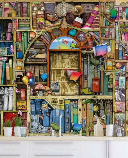 farbenfrohe, individuell gezeichnete Buchtapete mit dem Titel Neverending Stories von Colin Thompson für das Kinderzimmer oder die Bibliothek