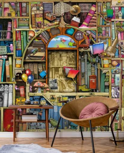 colorido mural de papel pintado de libros dibujado a medida llamado Neverending Stories de Colin Thompson para el dormitorio de un niño o la biblioteca