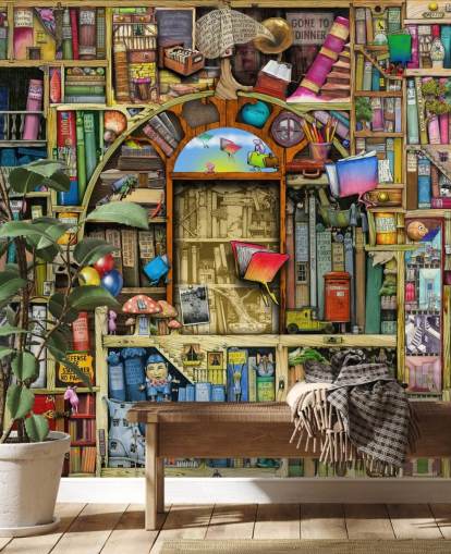 colorful custom drawn book wallpaper mural called Neverending Stories by Colin Thompson for child's bedroom or library