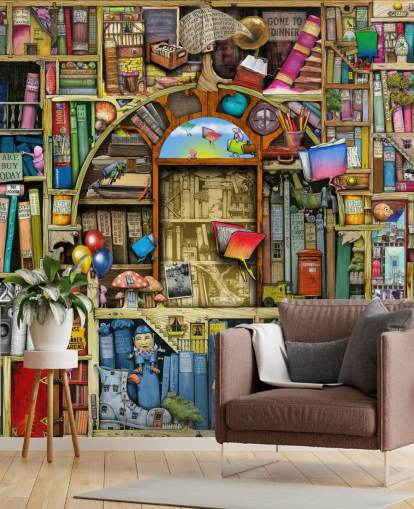 colorful custom drawn book wallpaper mural called Neverending Stories by Colin Thompson for child's bedroom or library