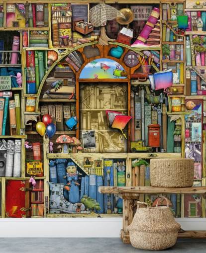 colourful custom drawn book wallpaper mural called Neverending Stories by Colin Thompson for child's bedroom or library