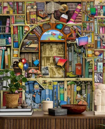 färgglad specialritad bok tapetväggmålning som heter Neverending Stories av Colin Thompson för barnets sovrum eller bibliotek