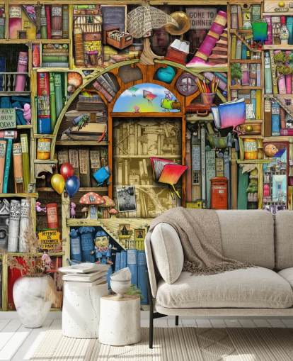 mural colorido de papel de parede de livro desenhado personalizado chamado Neverending Stories, de Colin Thompson, para o quarto ou biblioteca da criança