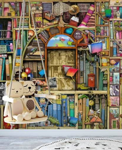 fargerikt spesialtegnet boktapet veggmaleri kalt Neverending Stories av Colin Thompson for barnas soverom eller bibliotek fargerikt spesialtegnet boktapet veggmaleri kalt Neverending Stories av Colin Thompson for barnas soverom eller bibliotek