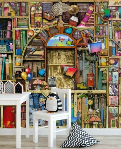 colourful custom drawn book wallpaper mural called Neverending Stories by Colin Thompson for child's bedroom or library