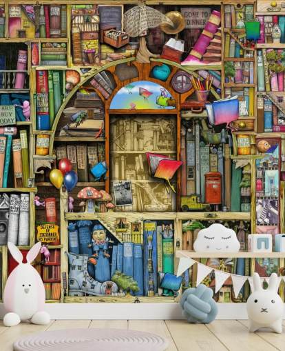 colourful custom drawn book wallpaper mural called Neverending Stories by Colin Thompson for child's bedroom or library colourful custom drawn book wallpaper mural called Neverending Stories by Colin Thompson for child's bedroom or library
