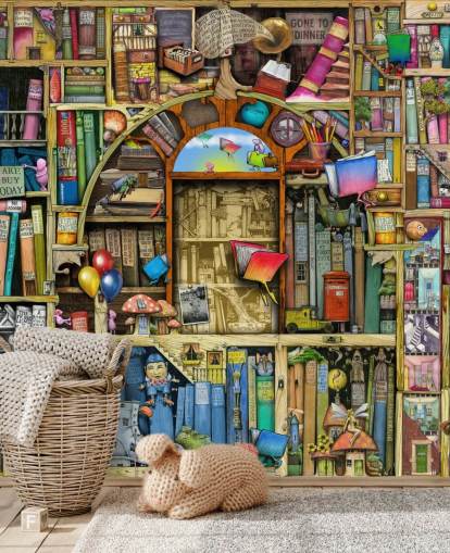 färgglad specialritad bok tapetväggmålning som heter Neverending Stories av Colin Thompson för barnets sovrum eller bibliotek