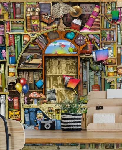 colorido mural de papel pintado de libros dibujado a medida llamado Neverending Stories de Colin Thompson para el dormitorio de un niño o la biblioteca