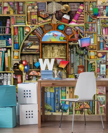 kleurrijke op maat getekende boekbehangmuurschildering genaamd Neverending Stories van Colin Thompson voor kinderkamer of bibliotheek