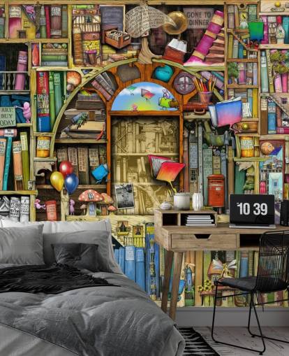 carta da parati murale colorata con libro disegnato su misura chiamato Neverending Stories di Colin Thompson per la camera da letto o la biblioteca dei bambini