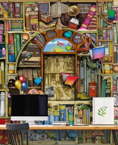 colourful custom drawn book wallpaper mural called Neverending Stories by Colin Thompson for child's bedroom or library