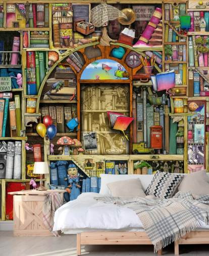 colorful custom drawn book wallpaper mural called Neverending Stories by Colin Thompson for child's bedroom or library