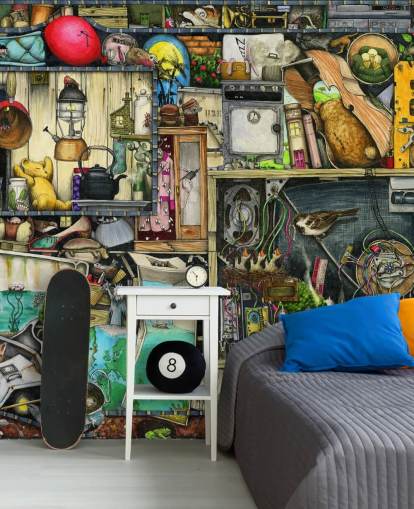 quirky bookshelves wallpaper