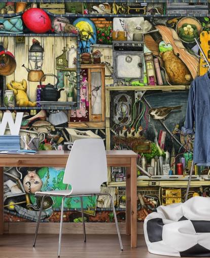 quirky bookshelves wallpaper