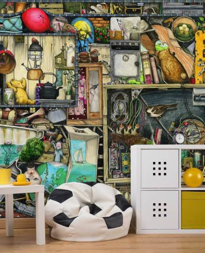 quirky bookshelves wallpaper