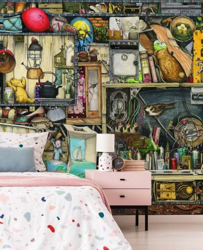 quirky bookshelves wallpaper