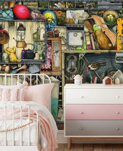 quirky bookshelves wallpaper