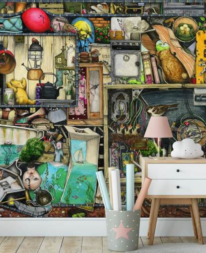 quirky bookshelves wallpaper